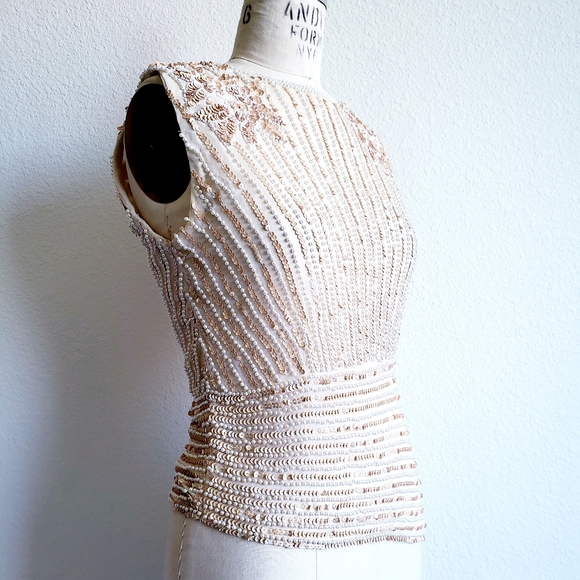 Vintage 80s Cream White Silk Bead Sequin Blouse - Picture 2 of 6